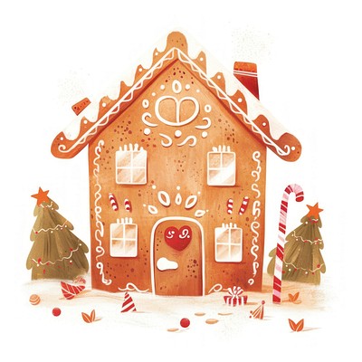 Whimsical gingerbread house illustration