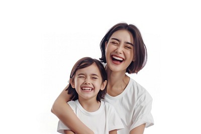 A young mixed race with asian short bob hair woman wearing a white t-shirt with her daughter laughing person human.