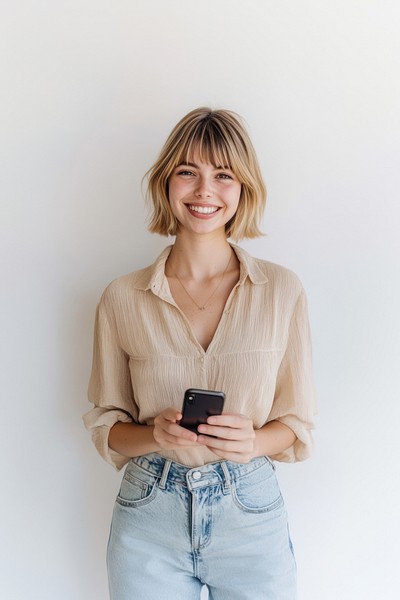 Blonde woman phone hair.