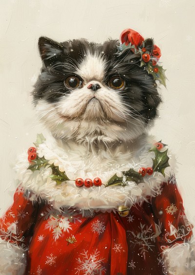 An exotic shorthair cat wears christmas theme dress painting animal human.