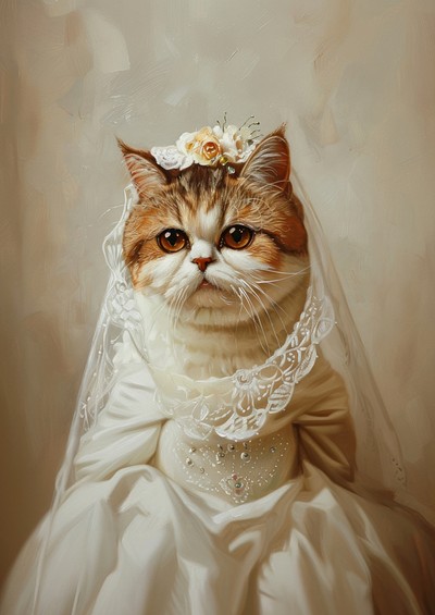 An exotic shorthair cat wears white bride wedding dress animal portrait human.