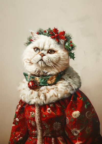 An exotic shorthair cat wears christmas theme dress animal human illustration.