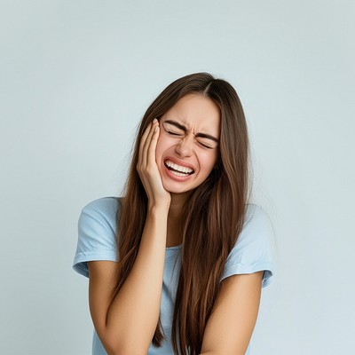 A woman is experiencing tooth pain shirt face blue.