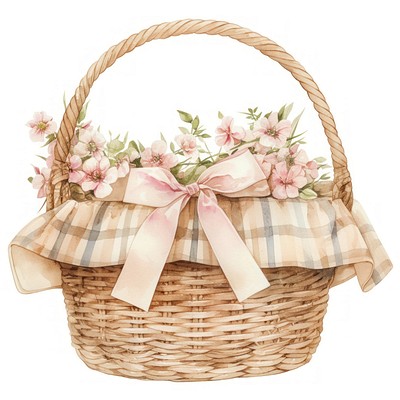 Cottagecore picnic basket illustration watercolor flowers.