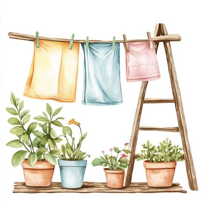 Clothesline plants illustration watercolor.