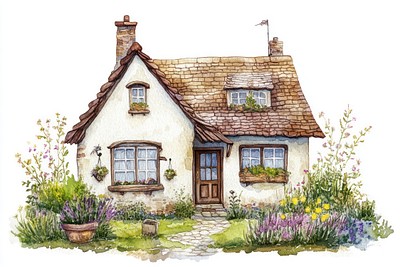 English cottage with garden architecture illustration watercolor.