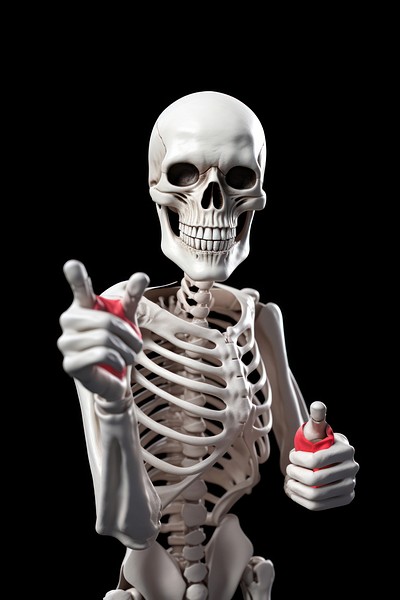 A happy skeleton with red eyes pointing finger background human illustration.