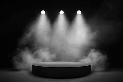 White spotlights and smoke stage background lighting.