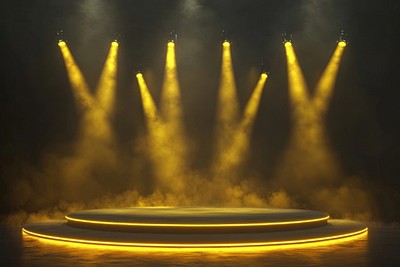 Yellow spotlights and smoke stage illuminated lighting.