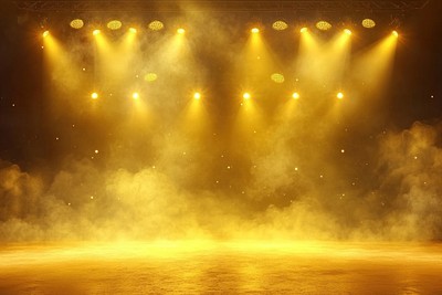 Stage with yellow spotlights concert lighting smoke.