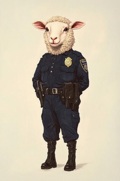 Sheep costumes wearing police animal officer human.