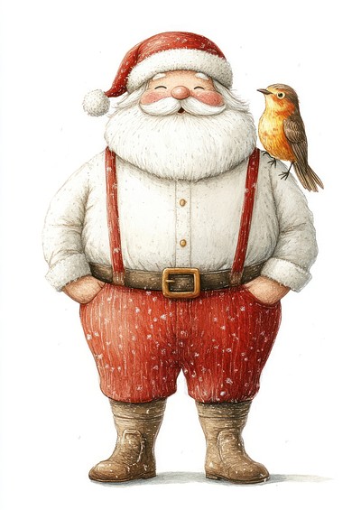 A cute Santa Claus bird illustration suspenders.