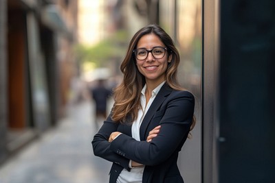 A smiling latin businesswoman glasses face accessories.