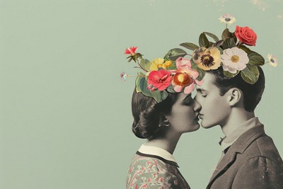 Retro man and woman flower photography bridegroom.