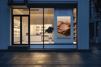 Elegant storefront with illuminated display mockup