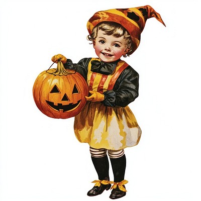 Halloween kid wearing circus costume carry pumpkin halloween vintage art.