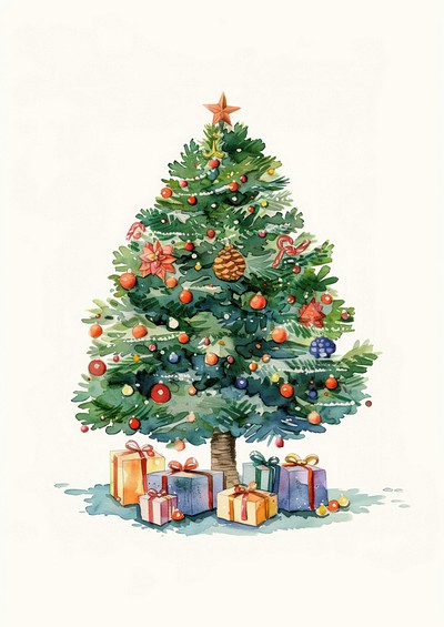 A decorated christmas tree with presents under the tree illustration watercolor festive.