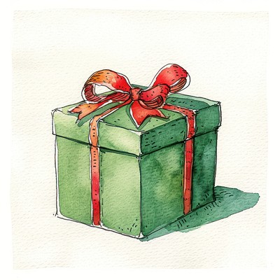 Watercolor vintage illustration of Christmas gift box christmas green red.