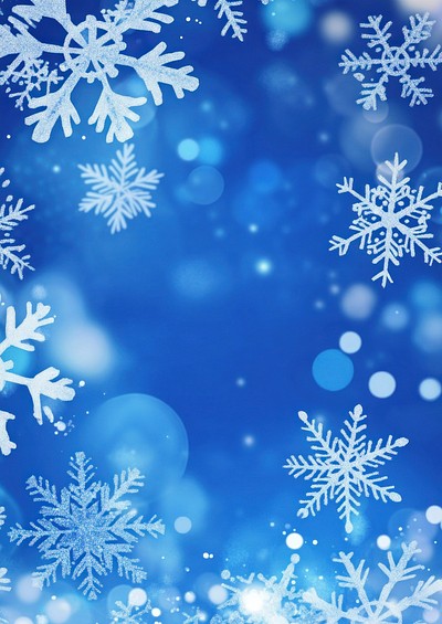 A blue background with white snowflakes and bokeh lights blackboard outdoors nature.