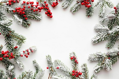 Christmas border with snow-covered fir branches and red berries on a white background christmas festival plant.