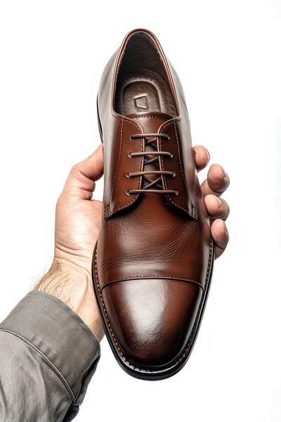 Dark brown leather dress shoes footwear holding hand.