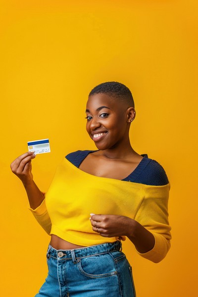 Black woman showing credit card background financial document.