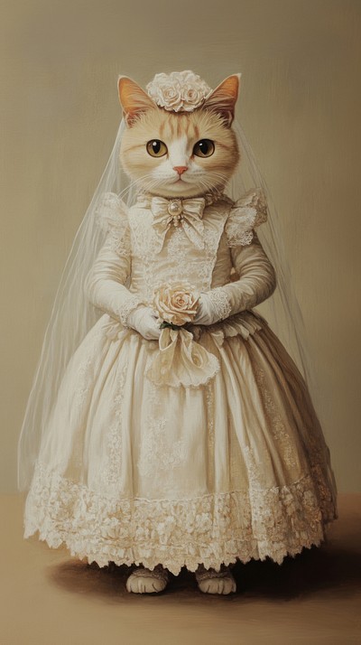 A cat costumes wearing wedding dress portrait bride gown.