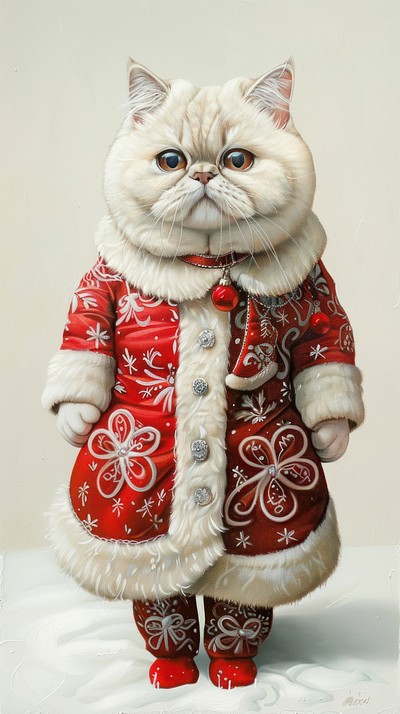 An exotic shorthair cat wears christmas theme dress animal human coat.