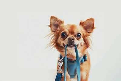 Cute dog holding leash