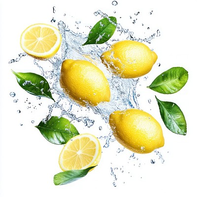 Fresh lemons splashing water leaves