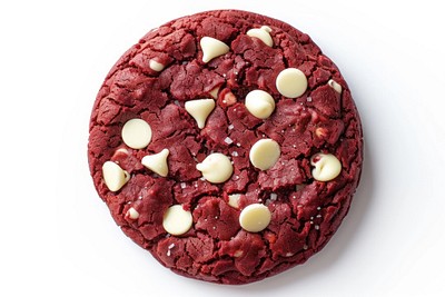 Red velvet cookie with white choc chips confectionery chocolate dessert.