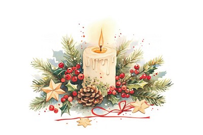 Christmas candle with pine and berry brunches illustration watercolor berries.