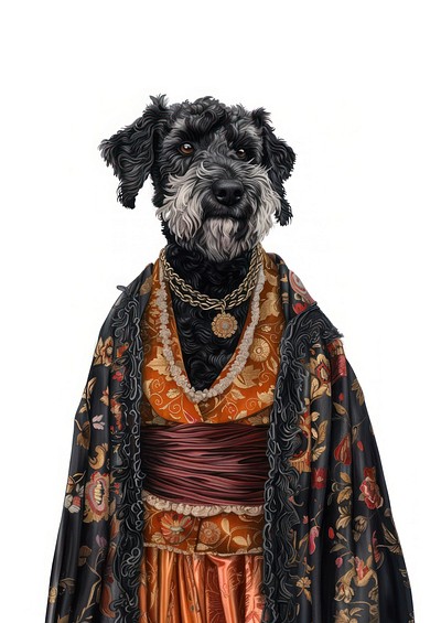 Black Russian Terrier costumes wearing vintage villager fashion outfit portrait animal clothing.