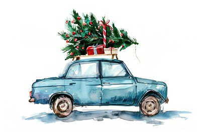 Christmas tree on the roof of a car christmas illustration watercolor.