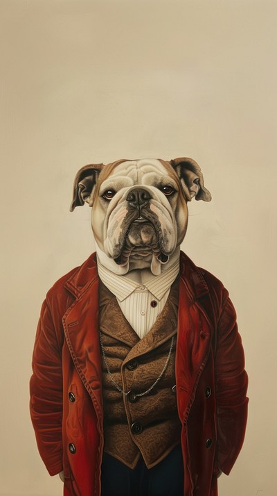 A bulldog costuming wearing halloween surrealism portrait animal clothing.