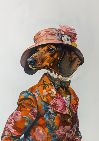 Dachshund costumes wearing vintage lady fashion outfit surrealism portrait animal painting.