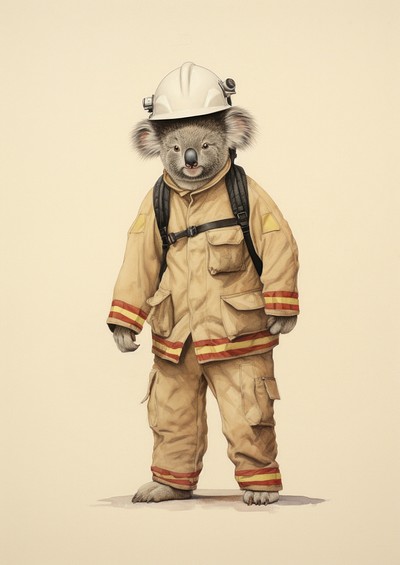 Koala costumes wearing firefighter outfit animal human cute.