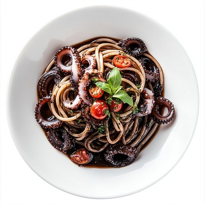 A squid black sauce pasta on a white dish food plate meal.