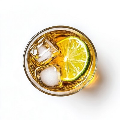 A glass of lime drink whiskey and ice beverage view top.