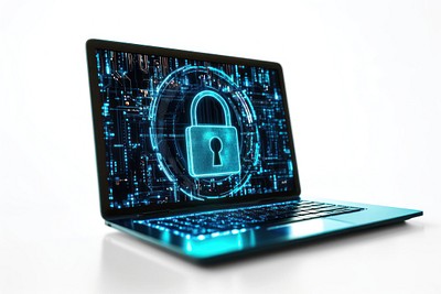 A blue padlock on a laptop computer with a digital security hologram cybersecurity electronics information.