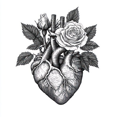 Anatomical heart tattoo drawing sketch roses.