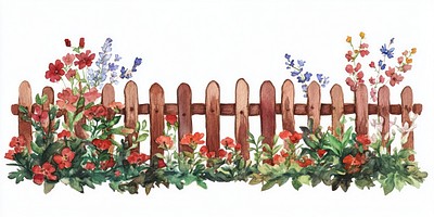 Brown wooden garden fence with flowers bushes illustration watercolor outdoors.