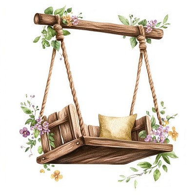 Wooden swing chair illustration flowers art.