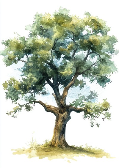 Green Oak tree art illustration watercolor.