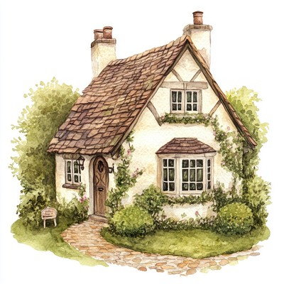 English cottage house architecture illustration watercolor.