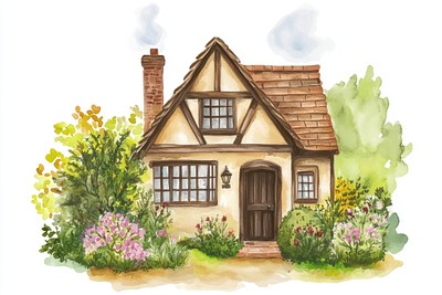 English cottage with garden architecture illustration watercolor.