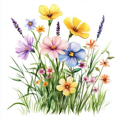 Small bouquet of colorful flowers in grass art illustration watercolor.