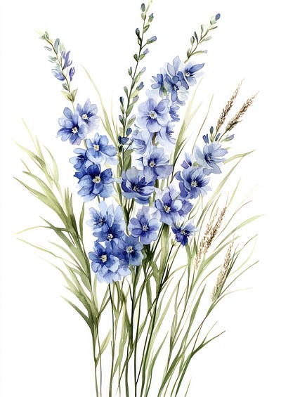 Small bouquet of Delphiniums in grass art illustration watercolor.