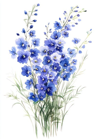 Small bouquet of Delphiniums in grass art illustration watercolor.