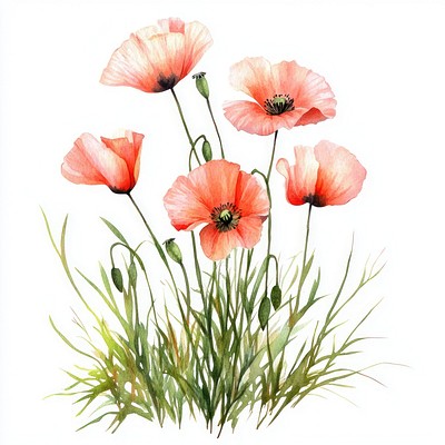 Small bouquet of Poppies in grass poppies poppy illustration.